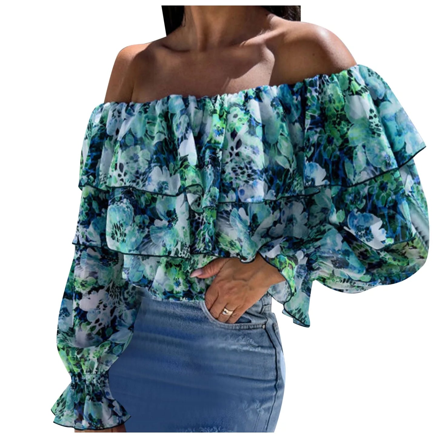Women'S Boho Blouse off Shoulder Long Sleeve Shirts Holiday Floral Print Blusas Ruffled Elegant Chic Blouses Vacation Beach Tops