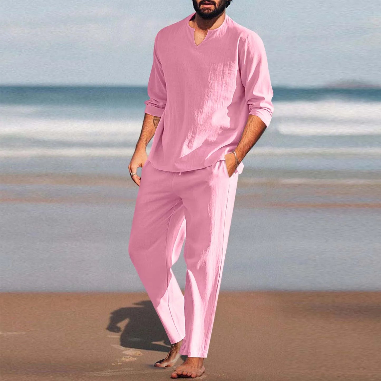 2024 Spring Summer Casual 2 Piece Set Breathable Cotton Linen Loose Pant Sets Men'S Beach Yoga Sport Trousers Suits Ropa Hombre