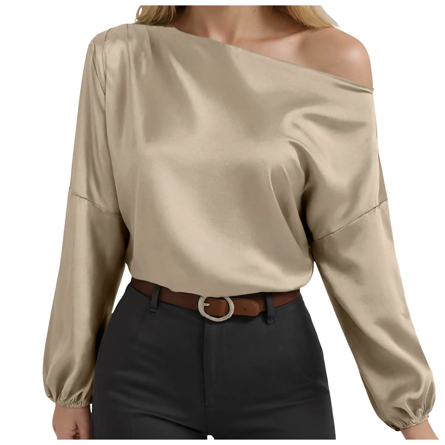 Ladies Raglan Tees Women'S Asymmetric off Shoulder Long Sleeve Balloon Pleated Shirt Work Top Thermal Shirt Women V Neck Camisas