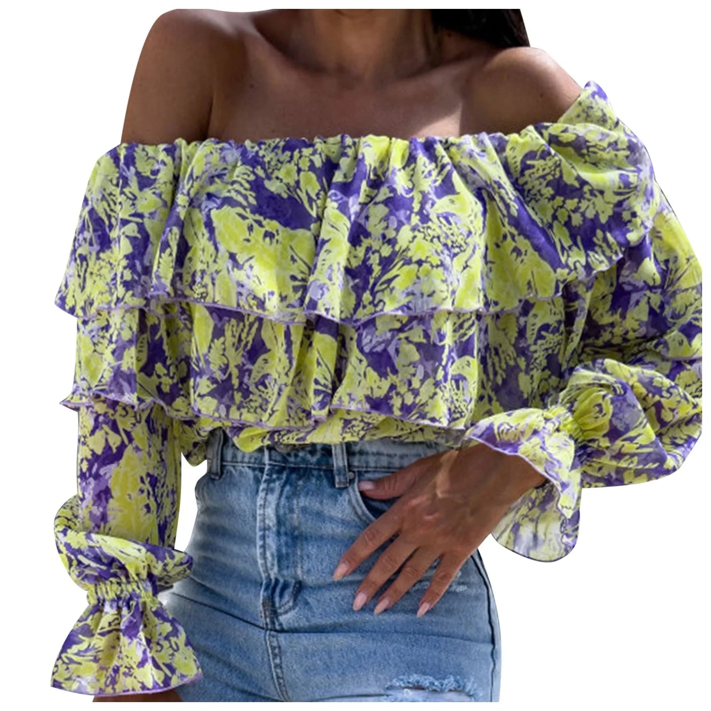 Women'S Boho Blouse off Shoulder Long Sleeve Shirts Holiday Floral Print Blusas Ruffled Elegant Chic Blouses Vacation Beach Tops