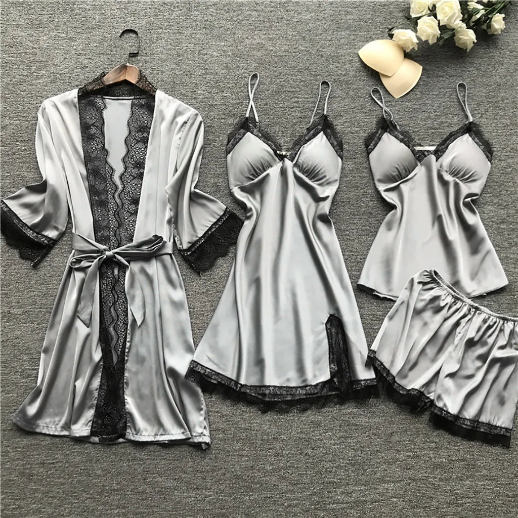 Lace Silk Pajamas Set Nightdress Sexy Lingerie Robe Women Sleepwear 4 Pieces Suits Sleeping Top and Shorts Femme Pijama Mujer Pj