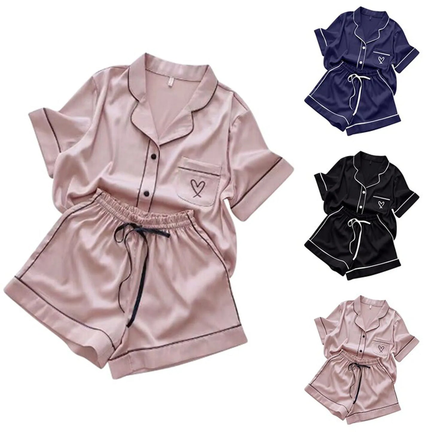 Ice Silk Pajama Sets for Women Heart Comfy Short Sleeve Shirts with Shorts Set 2Pcs Pyjamas Loungewear Spring Summer Homewear