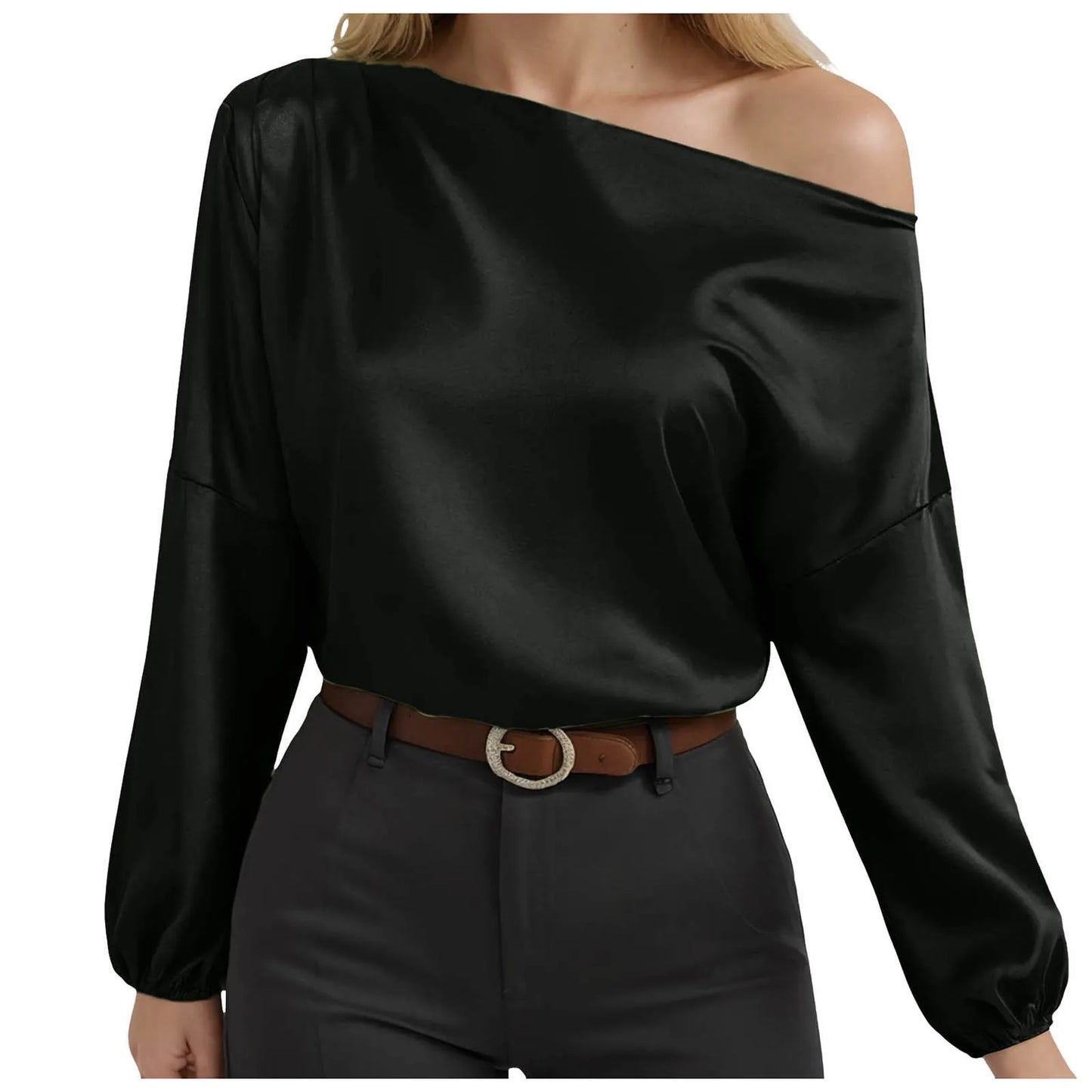 Ladies Raglan Tees Women'S Asymmetric off Shoulder Long Sleeve Balloon Pleated Shirt Work Top Thermal Shirt Women V Neck Camisas