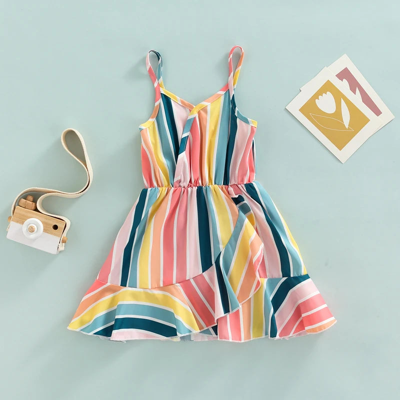1-6Y Toddler Little Girls Summer Dress Clothing Colorful Striped Printed Ruffles A-Line Sundress