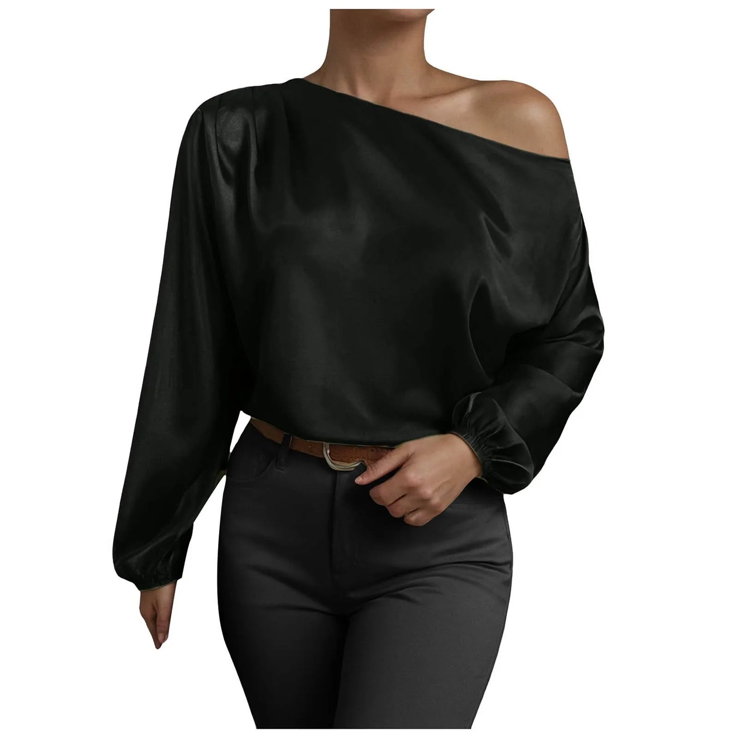 Ladies Raglan Tees Women'S Asymmetric off Shoulder Long Sleeve Balloon Pleated Shirt Work Top Thermal Shirt Women V Neck Camisas