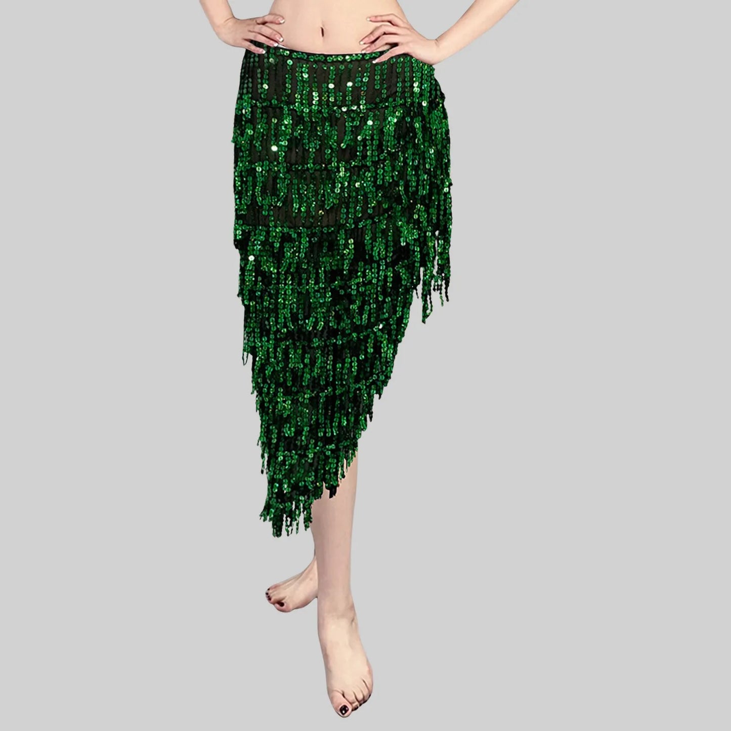 Women Belly Dance Triangle Sequins Skirt Sexy Elegant Long Tassel Hip Scarf Carnival Party Sequined Wrapped Hip Skirt