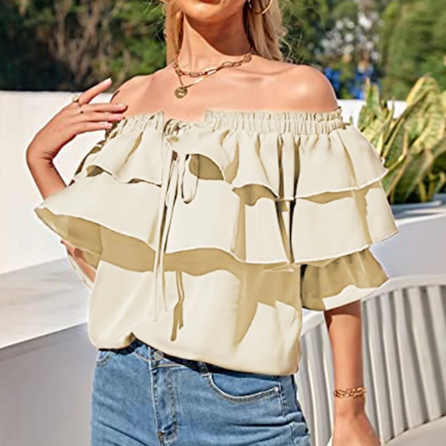 Womens off Shoulder Ruffle Long Sleeve Blouses Casual Layered Tops Womens Solid Color Blouses Tops Office Lady Commuter Outfits