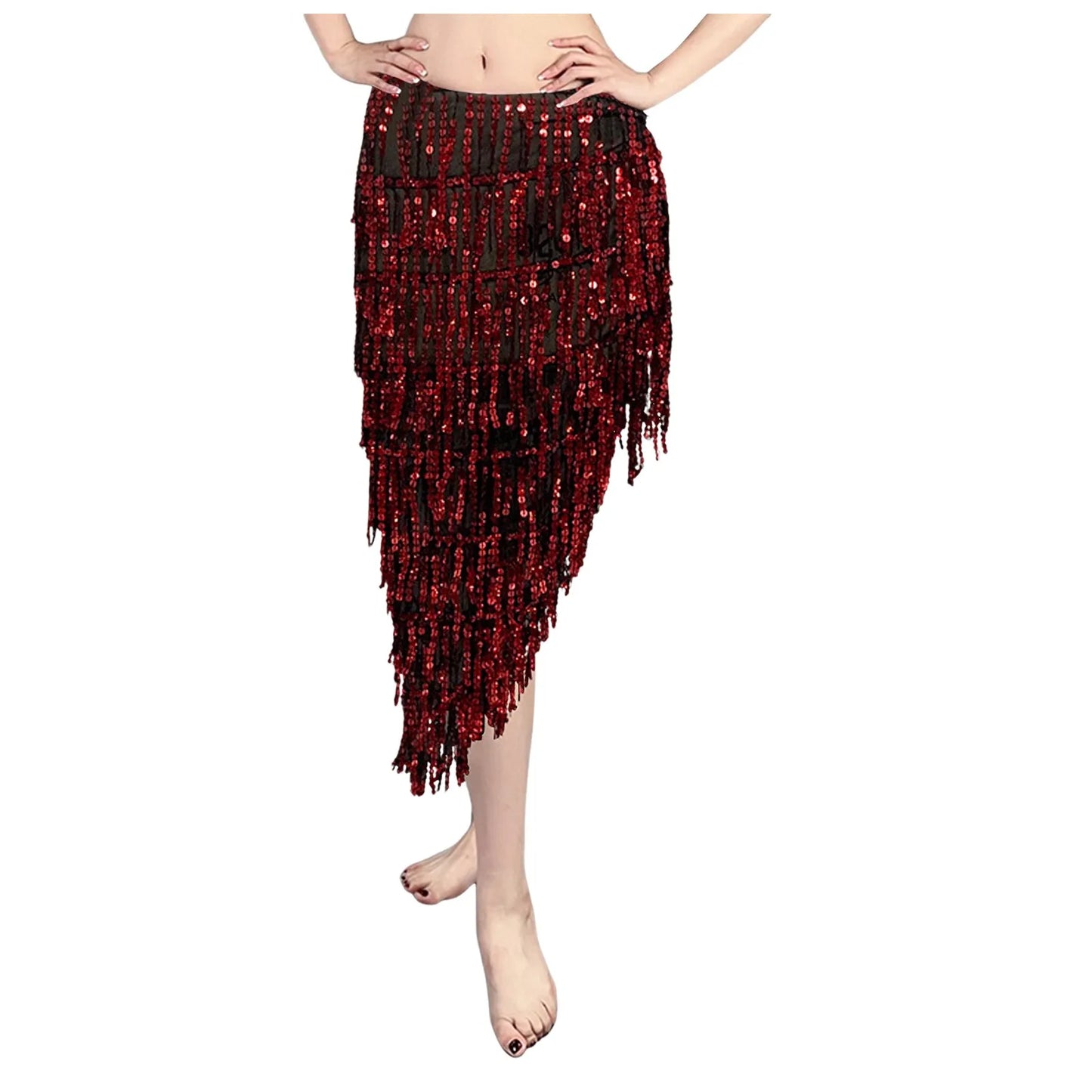 Women Belly Dance Triangle Sequins Skirt Sexy Elegant Long Tassel Hip Scarf Carnival Party Sequined Wrapped Hip Skirt