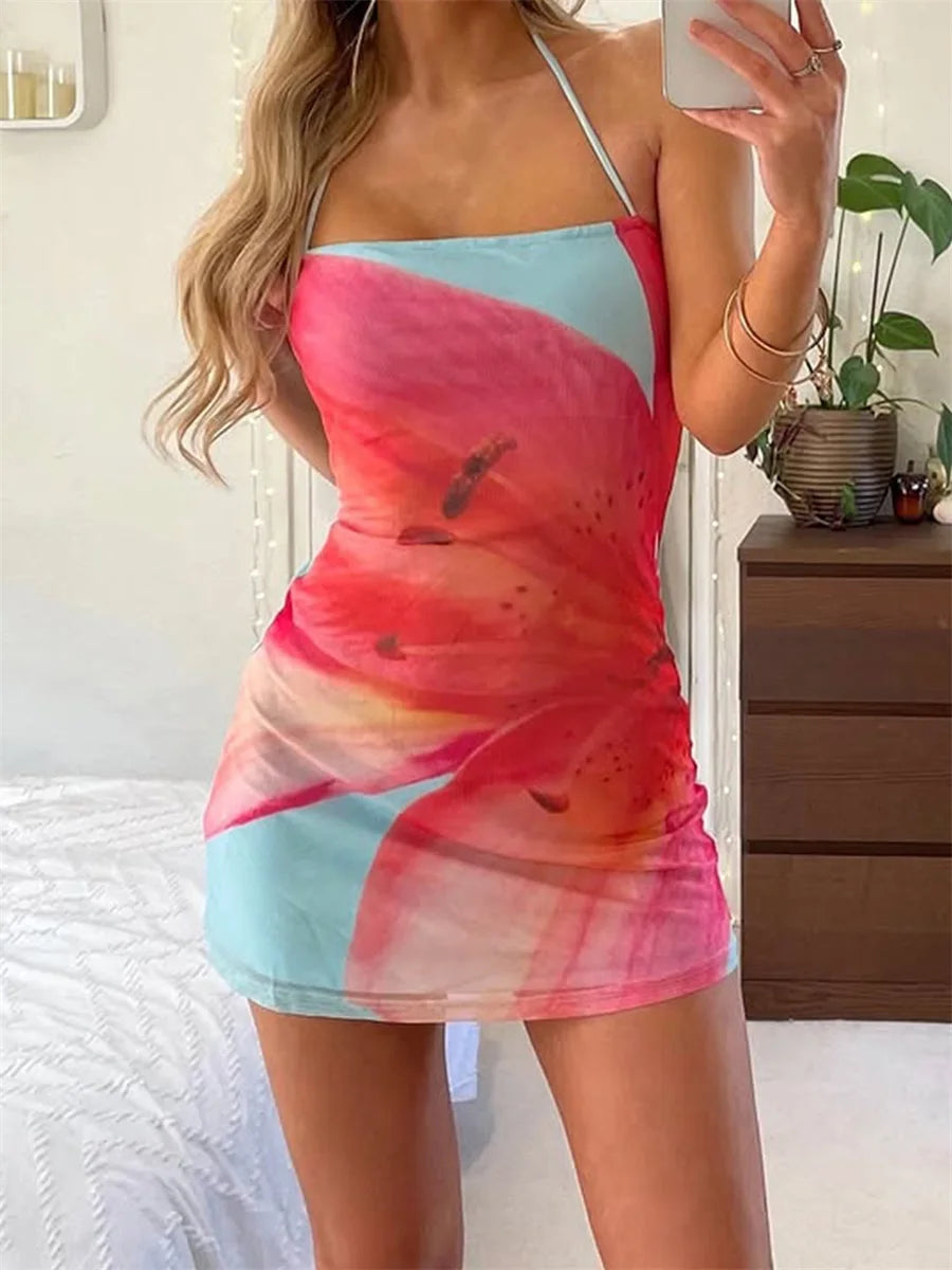 Elegant Floral Print Sleeveless V-Neck Bodycon Dress with Open Back for Women S Summer Party Outfit