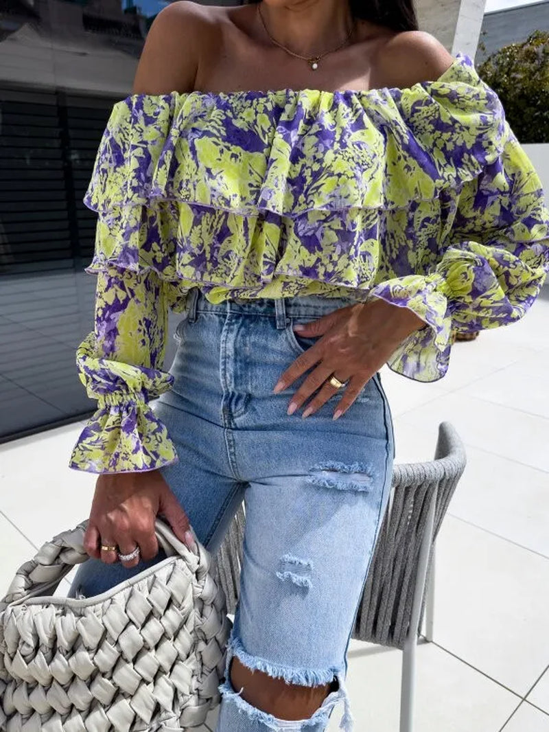 Women'S Boho off the Shoulder Long Sleeve Blouse Tops Casual Floral Print Puffy Sleeve Ruffled Shirts 3 4 Sleeve Top Shirt