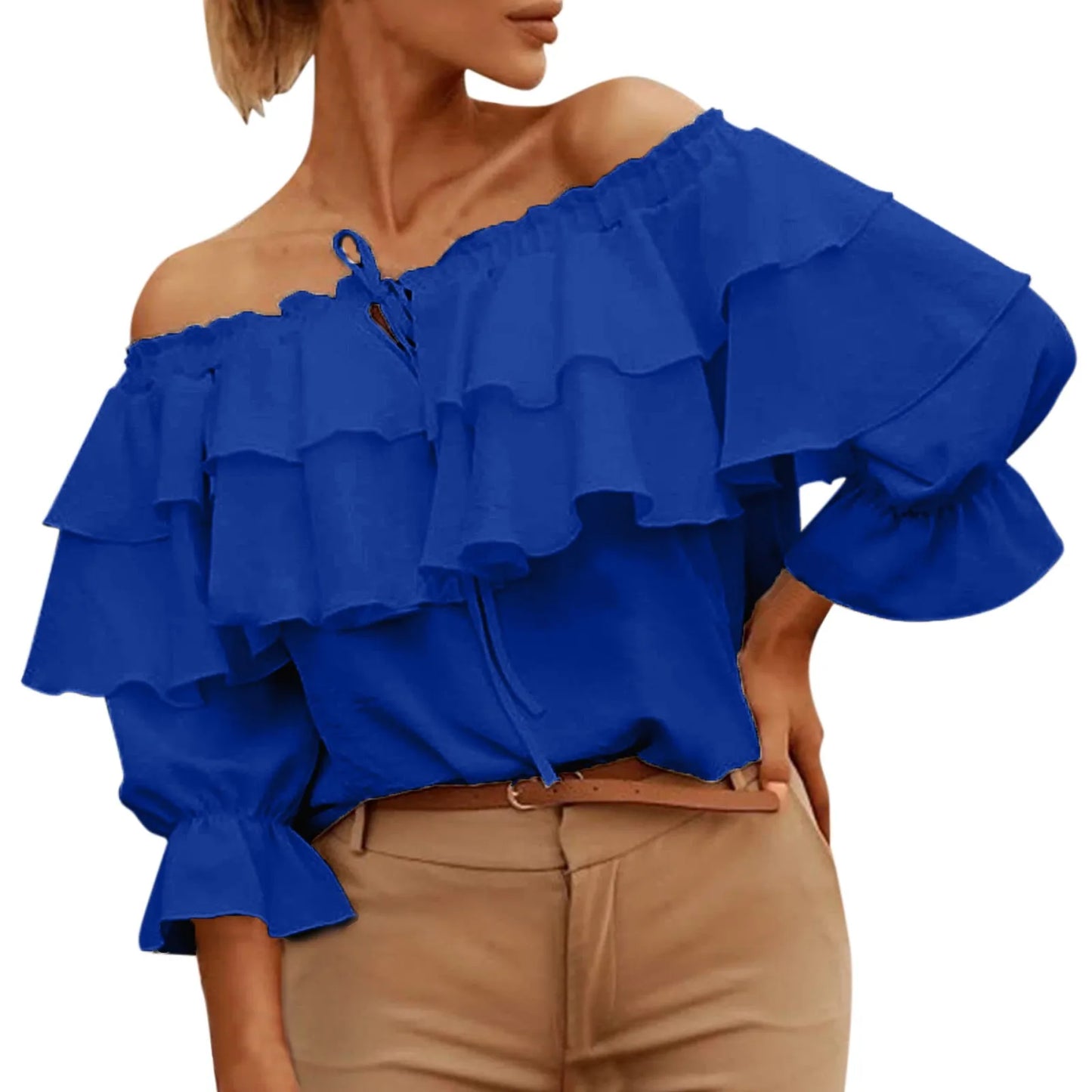 Womens off Shoulder Ruffle Long Sleeve Blouses Casual Layered Tops Womens Solid Color Blouses Tops Office Lady Commuter Outfits