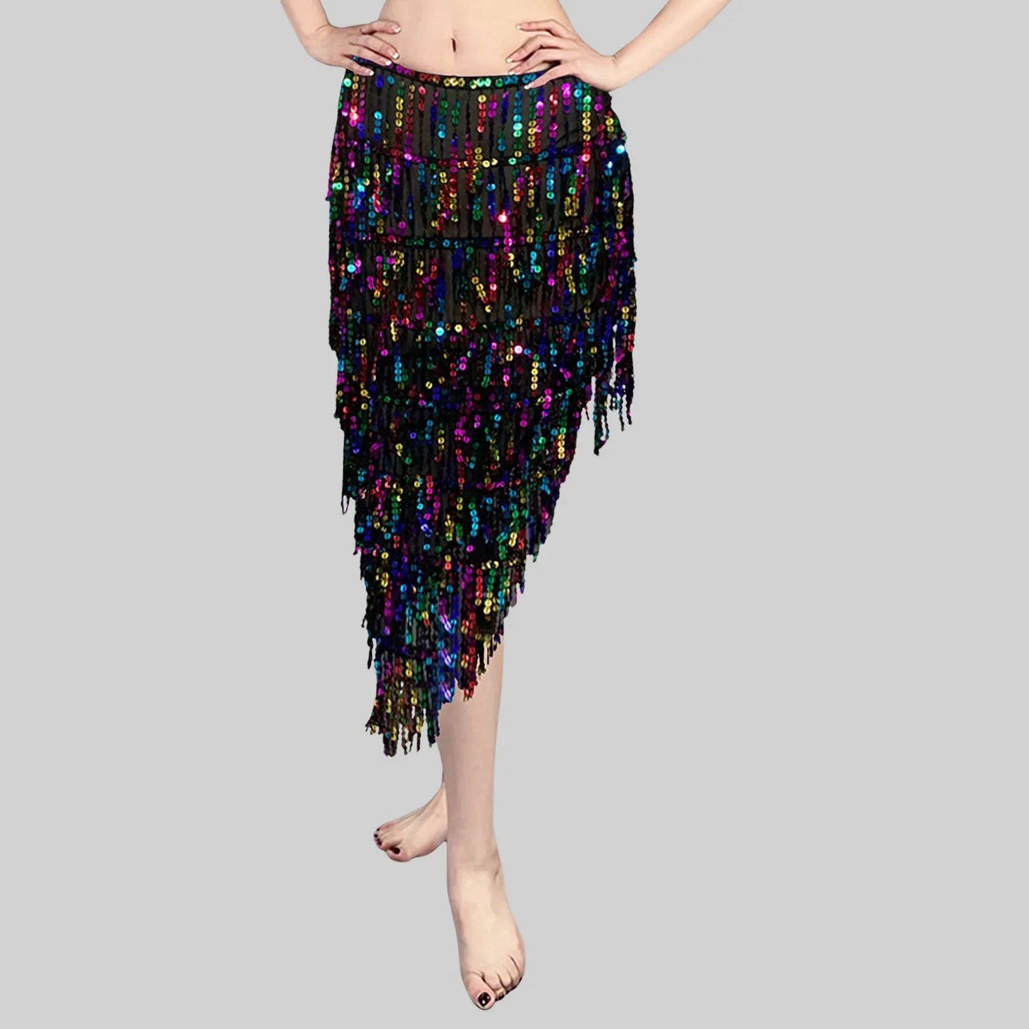 Women Belly Dance Triangle Sequins Skirt Sexy Elegant Long Tassel Hip Scarf Carnival Party Sequined Wrapped Hip Skirt