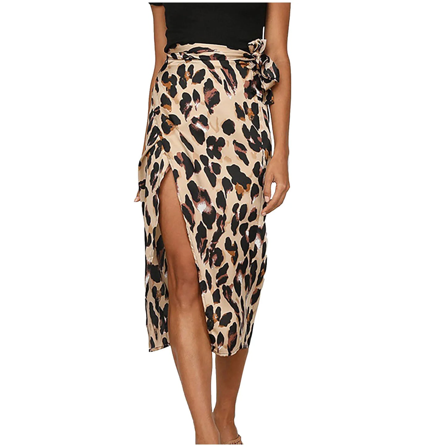 Fashion Leopord Midi Skirt Women'S Side Split High Waist Wrapped Knot Long Skirt Summer Beach Sarong Skirt Female Faldas