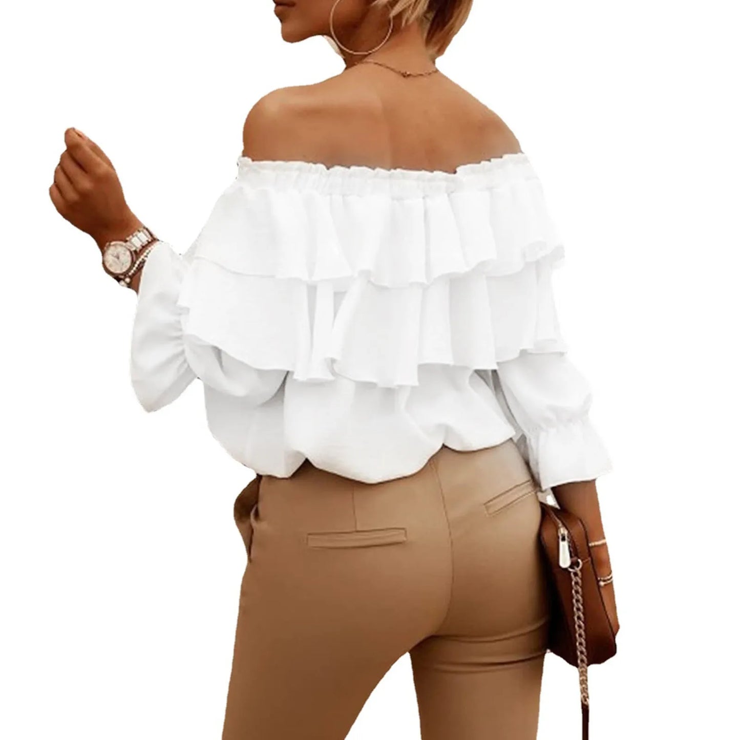 Womens off Shoulder Ruffle Long Sleeve Blouses Casual Layered Tops Womens Solid Color Blouses Tops Office Lady Commuter Outfits