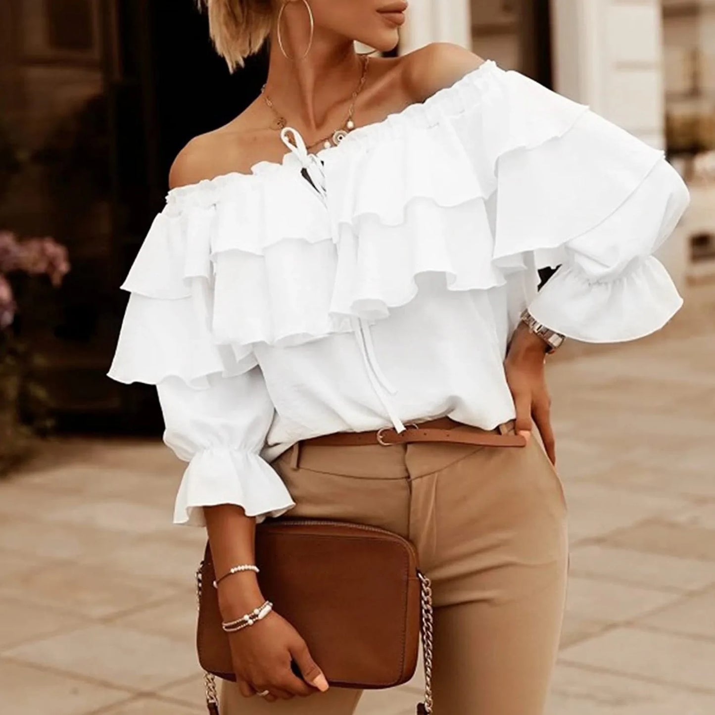 Womens off Shoulder Ruffle Long Sleeve Blouses Casual Layered Tops Womens Solid Color Blouses Tops Office Lady Commuter Outfits