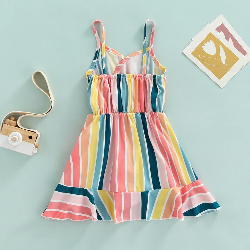 1-6Y Toddler Little Girls Summer Dress Clothing Colorful Striped Printed Ruffles A-Line Sundress