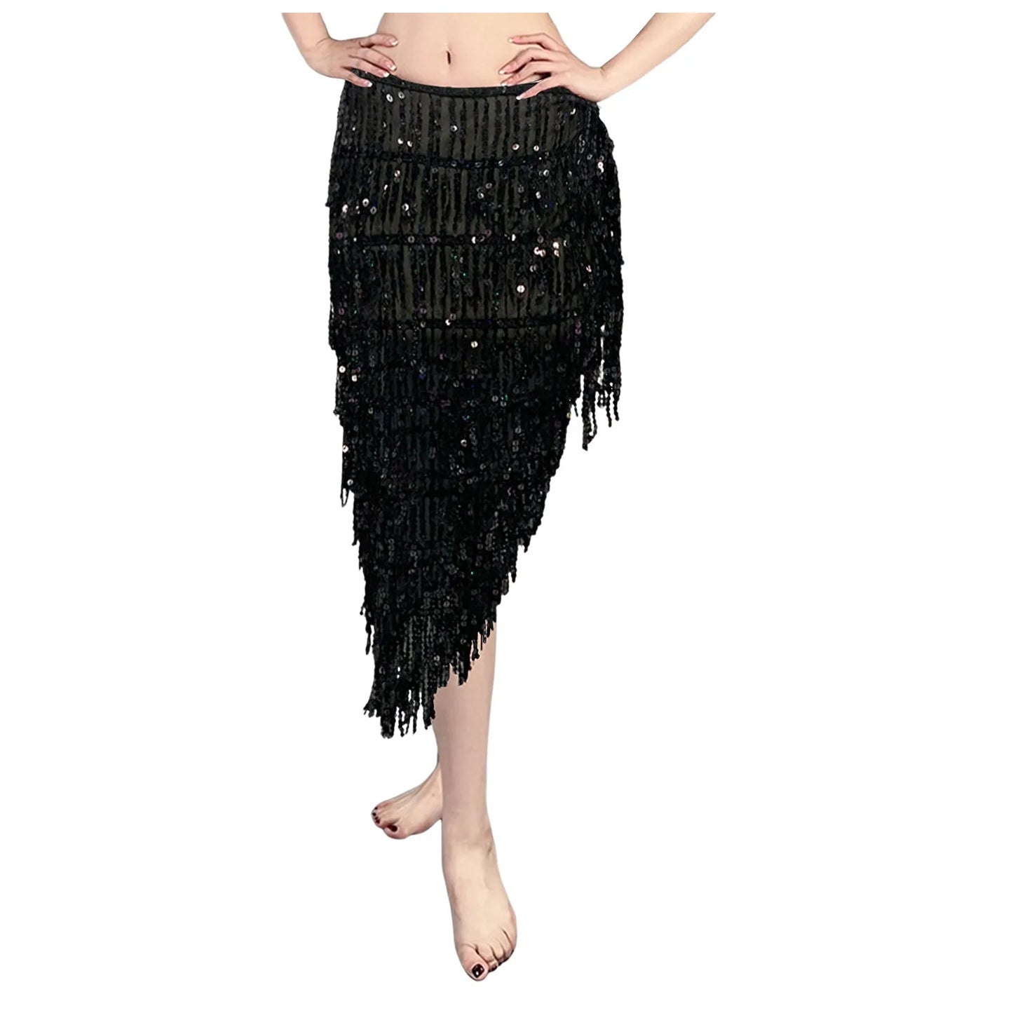 Women Belly Dance Triangle Sequins Skirt Sexy Elegant Long Tassel Hip Scarf Carnival Party Sequined Wrapped Hip Skirt
