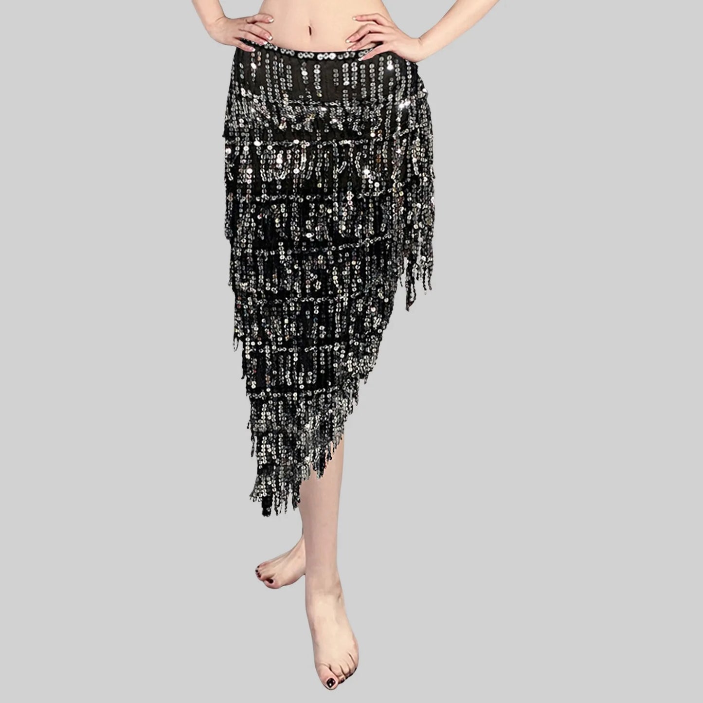 Women Belly Dance Triangle Sequins Skirt Sexy Elegant Long Tassel Hip Scarf Carnival Party Sequined Wrapped Hip Skirt