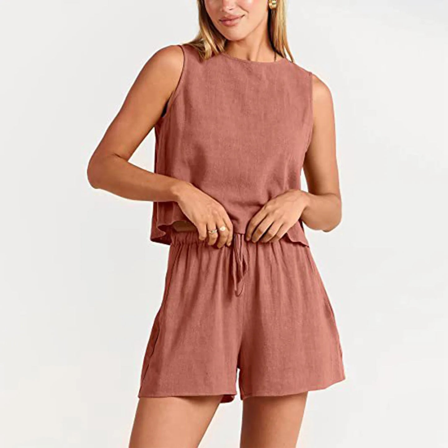 Casual Two Piece Set for Women Summer Loose Sleeveless Vest and Shorts Set Cotton Linen Pants Sets for Women All Matching Outfit