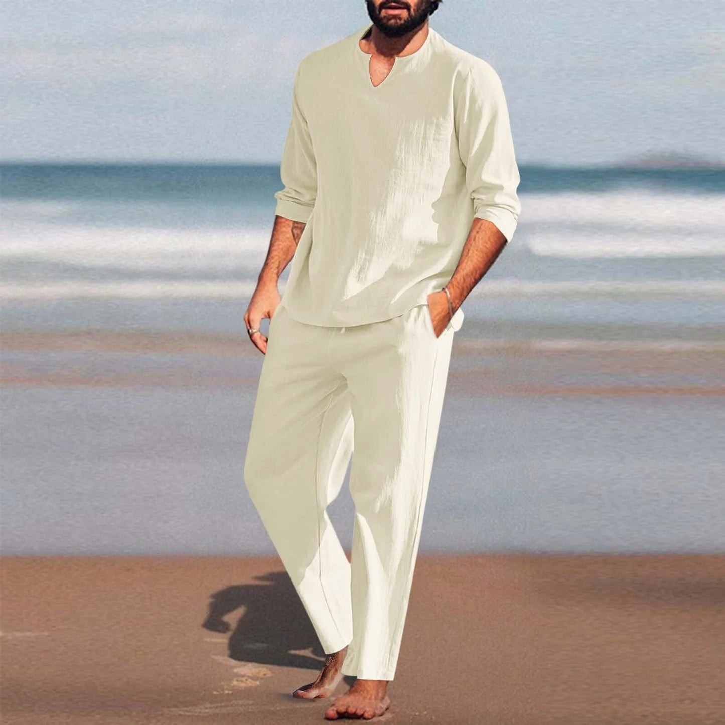 2024 Spring Summer Casual 2 Piece Set Breathable Cotton Linen Loose Pant Sets Men'S Beach Yoga Sport Trousers Suits Ropa Hombre