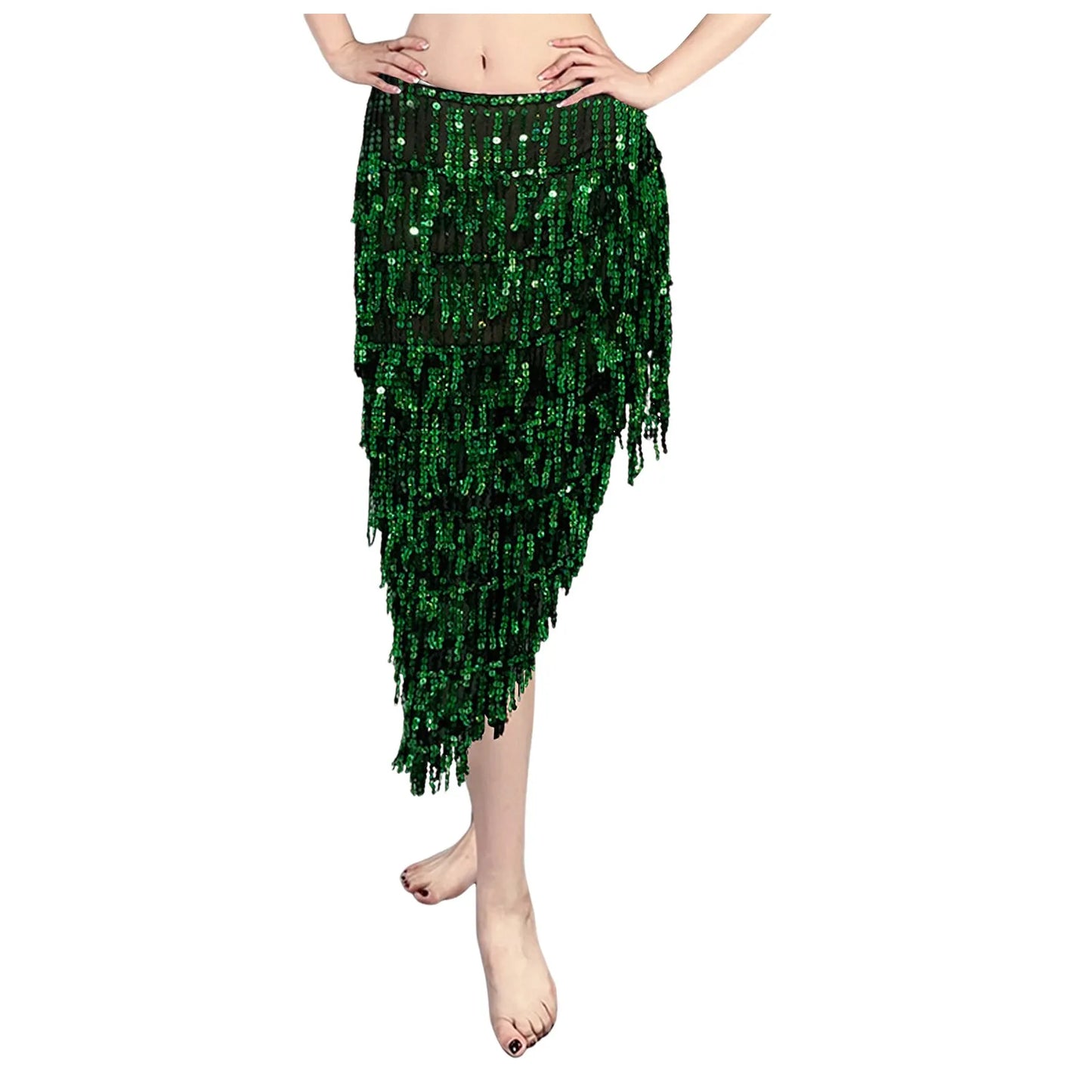 Women Belly Dance Triangle Sequins Skirt Sexy Elegant Long Tassel Hip Scarf Carnival Party Sequined Wrapped Hip Skirt
