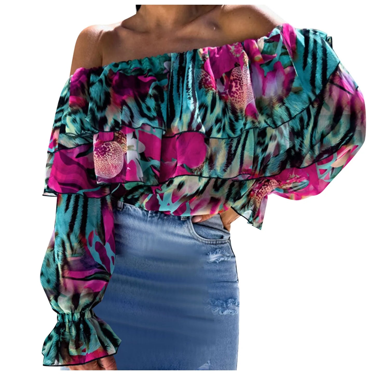 Women'S Boho Blouse off Shoulder Long Sleeve Shirts Holiday Floral Print Blusas Ruffled Elegant Chic Blouses Vacation Beach Tops