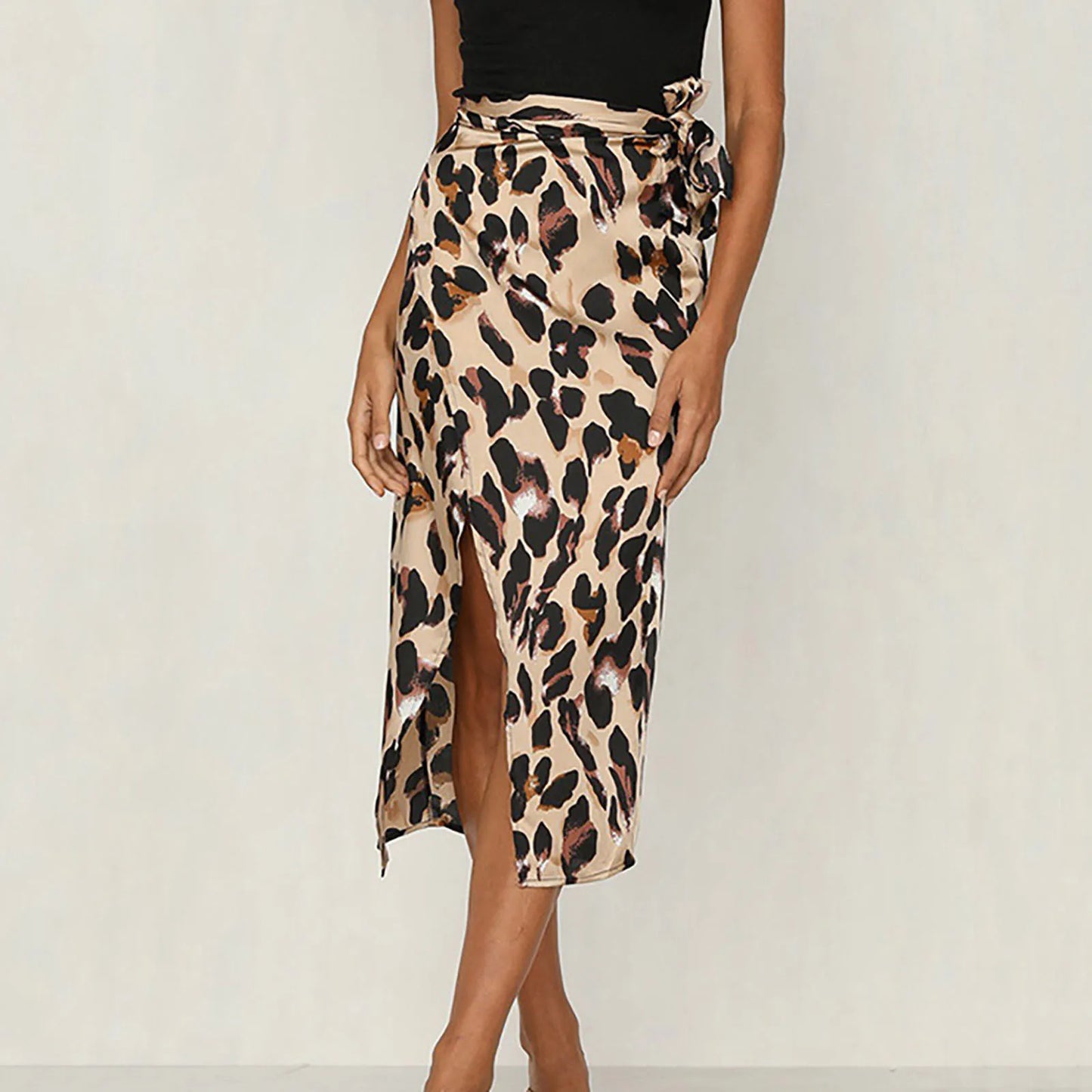 Fashion Leopord Midi Skirt Women'S Side Split High Waist Wrapped Knot Long Skirt Summer Beach Sarong Skirt Female Faldas