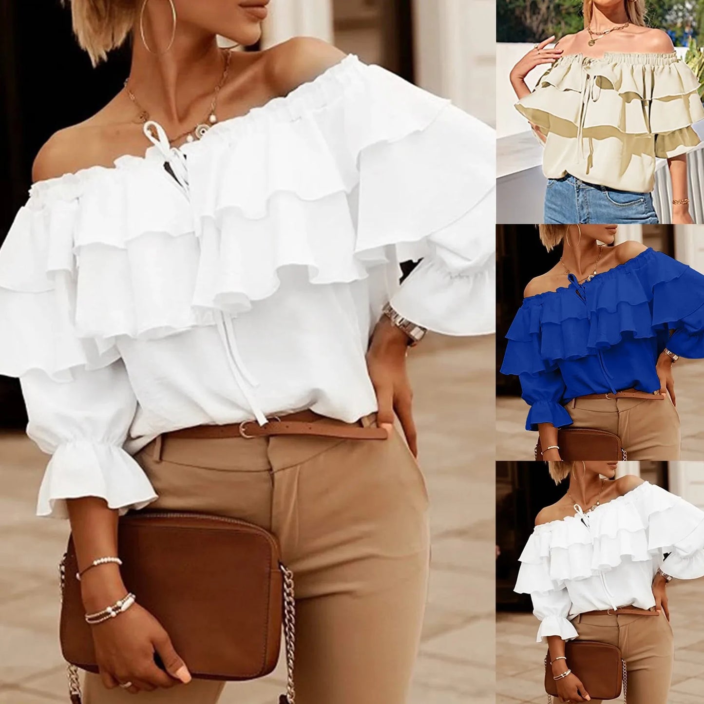 Womens off Shoulder Ruffle Long Sleeve Blouses Casual Layered Tops Womens Solid Color Blouses Tops Office Lady Commuter Outfits