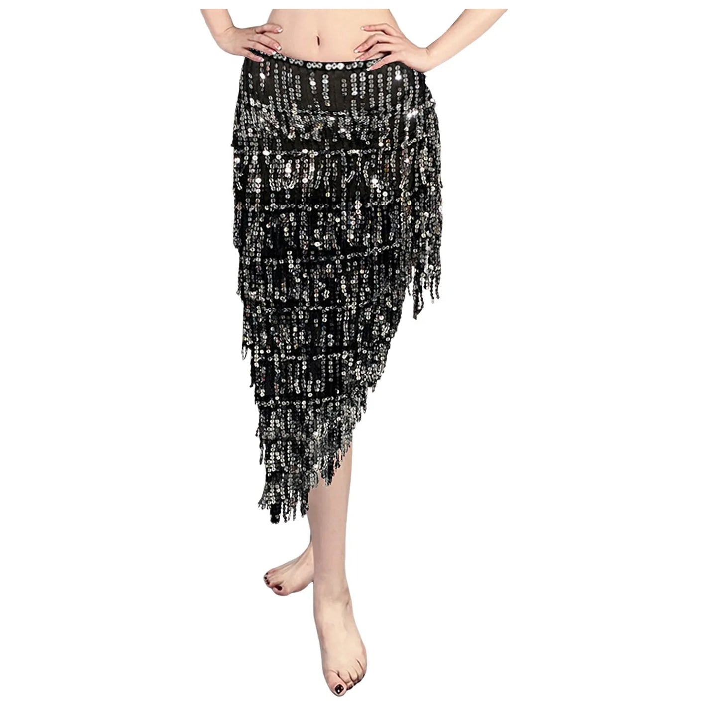Women Belly Dance Triangle Sequins Skirt Sexy Elegant Long Tassel Hip Scarf Carnival Party Sequined Wrapped Hip Skirt