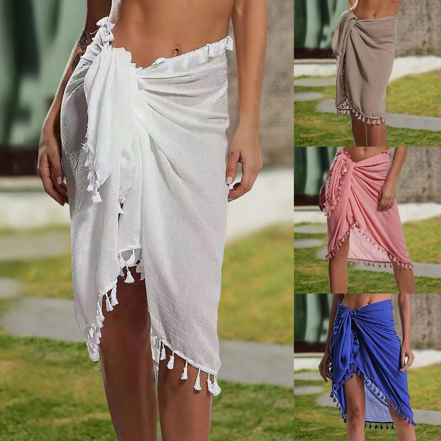 Beach Skirt Coverup Wrap Bikini Women Swimwear Tassels Shawl Sunscreen Swimsuit Skirt Beach Cover up Solid Pareo Bathing Suit