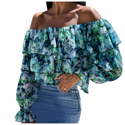Women'S Boho Blouse off Shoulder Long Sleeve Shirts Holiday Floral Print Blusas Ruffled Elegant Chic Blouses Vacation Beach Tops