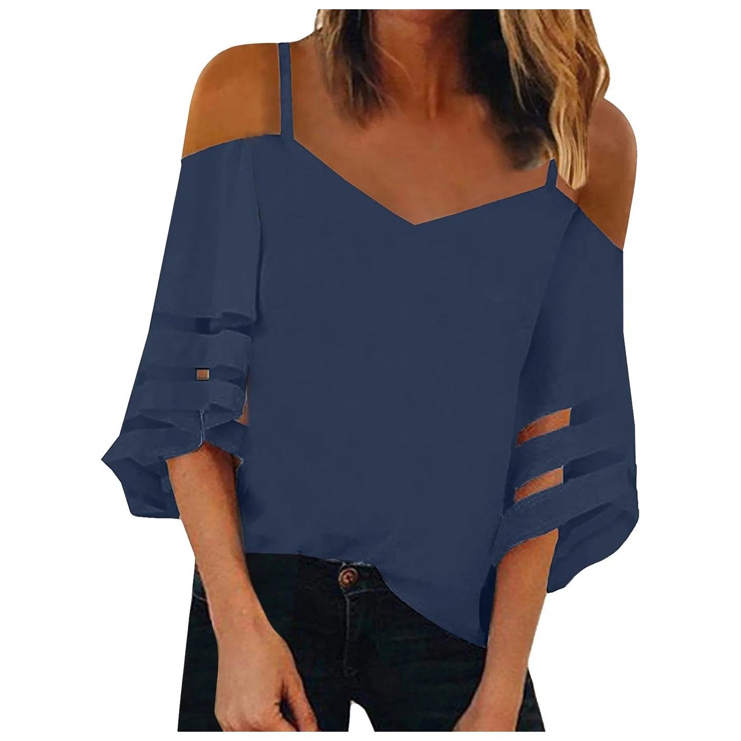 Women'S Mesh Hollow Out Blouses Sexy off the Shoulder Flare Sleeve White Shirts Fashoin Casual V-Neck Tunic Elegant Lady Tops