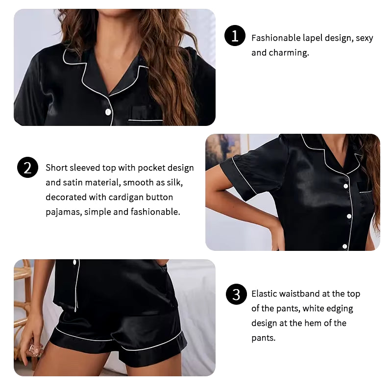 Women'S Pajamas Set Satin Sleepwear Button down Tops and Shorts Pajama 2 Piece Suit Pyjama Femme Nightwear Loungewear for Summer