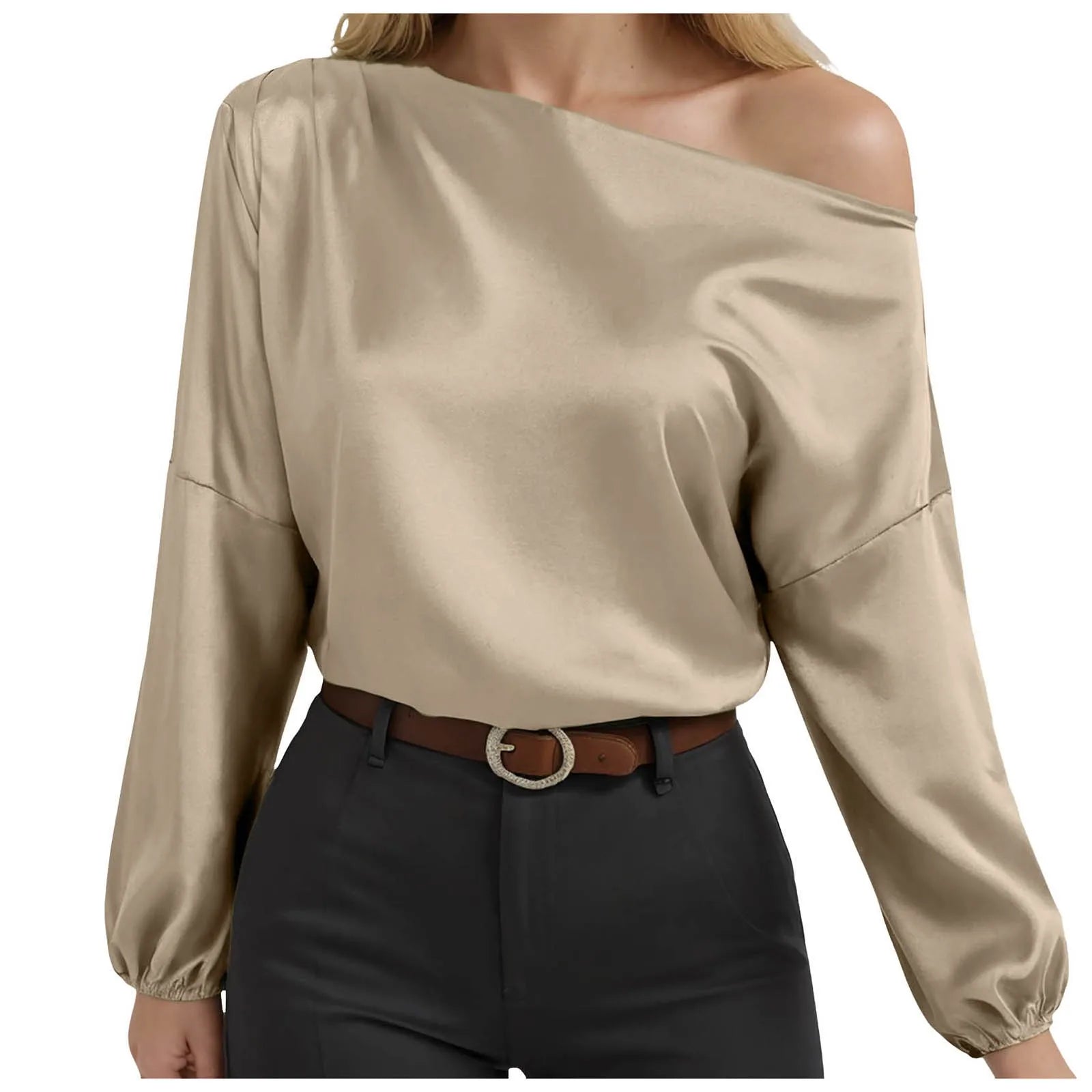 Ladies Raglan Tees Women'S Asymmetric off Shoulder Long Sleeve Balloon Pleated Shirt Work Top Thermal Shirt Women V Neck Camisas