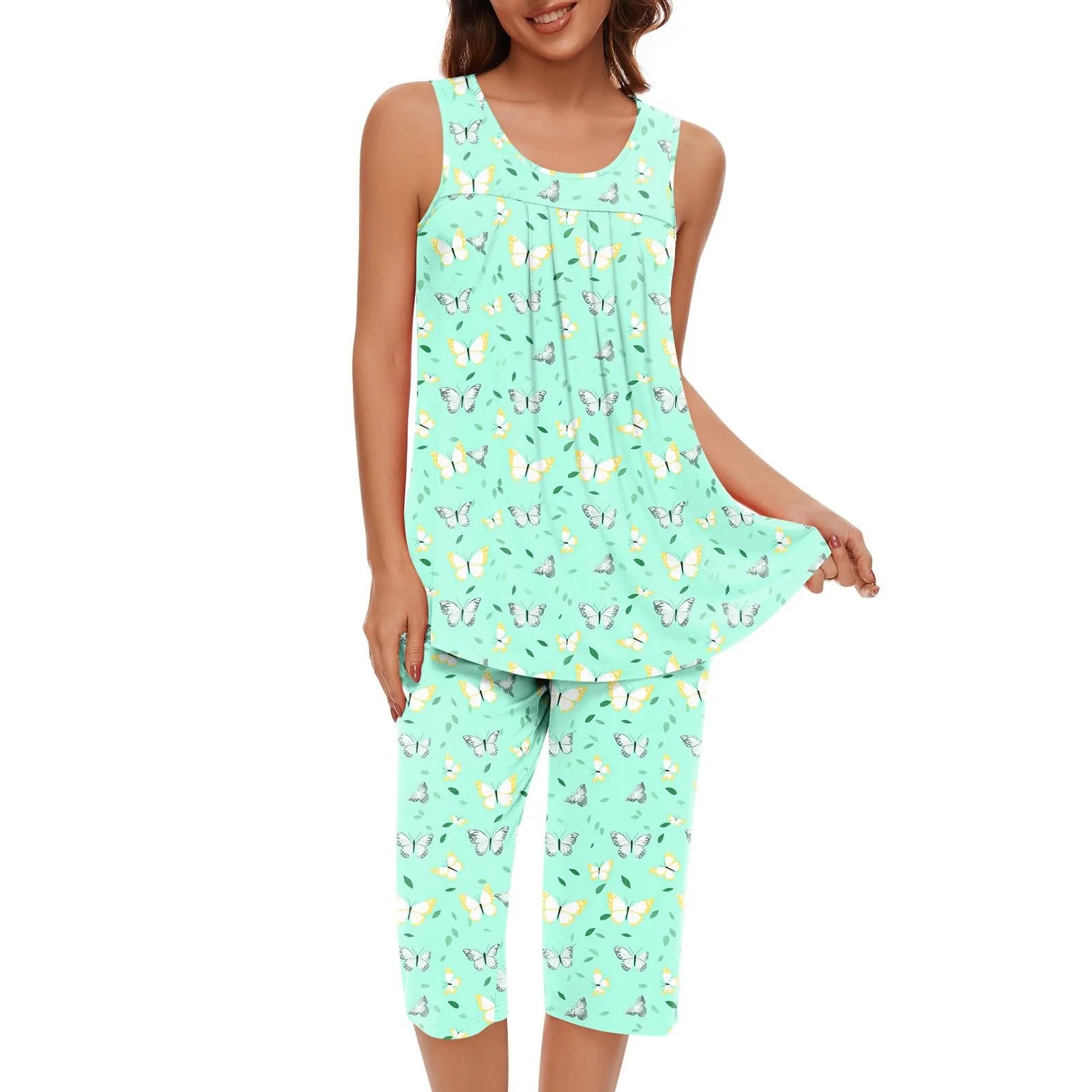 Women Soft Sleeveless Tank Top Sleepwear Capri Pants with Pocket Loungewear Sets Pajamas Sets Loose Satin Home Gown
