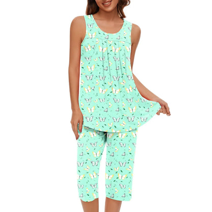 Women Soft Sleeveless Tank Top Sleepwear Capri Pants with Pocket Loungewear Sets Pajamas Sets Loose Satin Home Gown