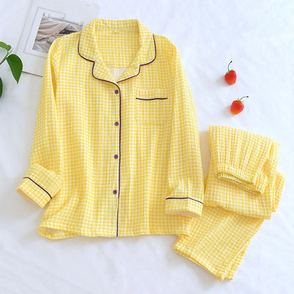 Solid Breathable Lovers 100％ Cotton Crepe Pajamas Sets Women Men Autumn Long Sleeve Fresh Soft Pijama Mujer Casual Pyjamas