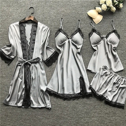 Lace Silk Pajamas Set Nightdress Sexy Lingerie Robe Women Sleepwear 4 Pieces Suits Sleeping Top and Shorts Femme Pijama Mujer Pj