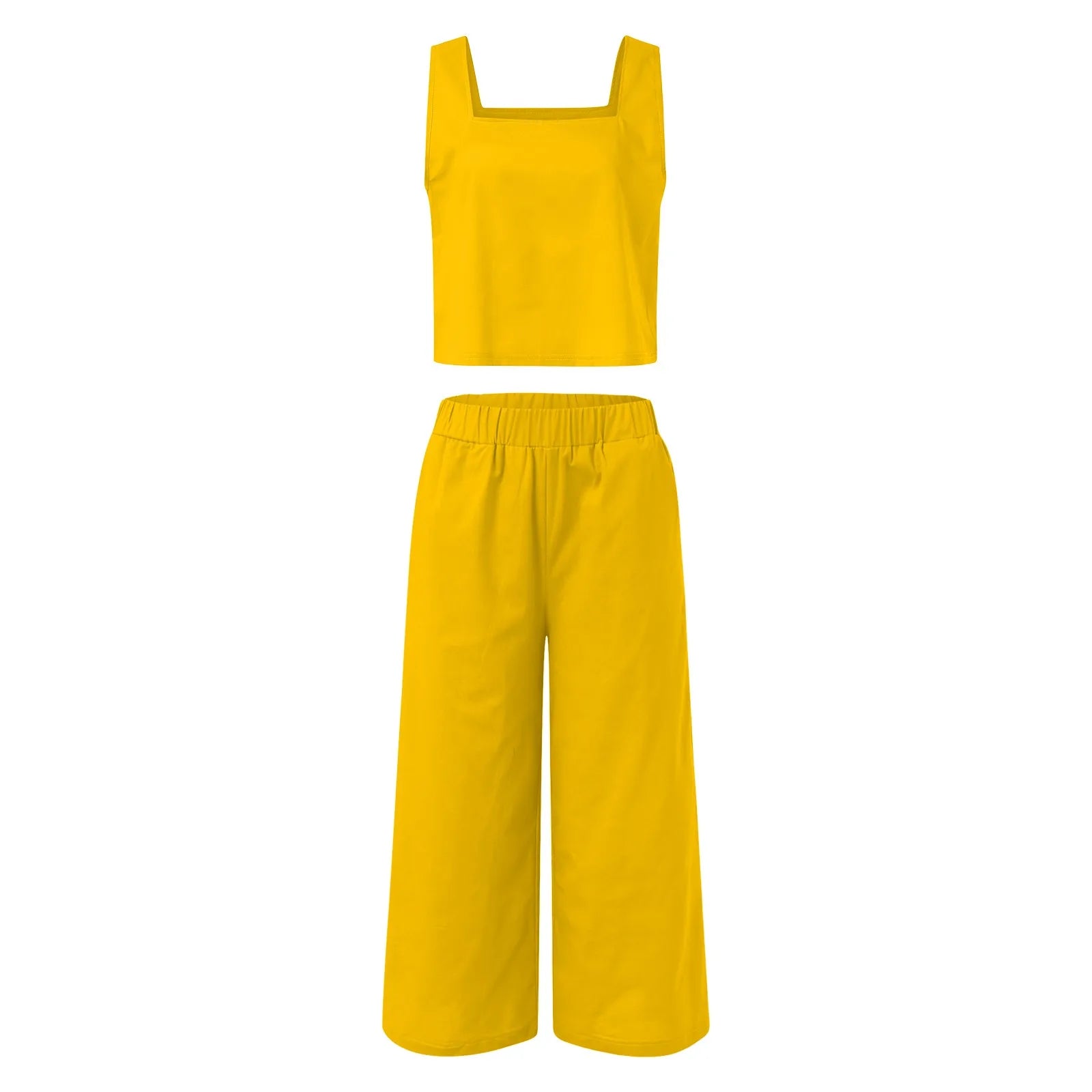 Business Suit Women'S 2 Piece Outfits Square Neck Linen Tank Crop Top Wide Leg Pants Matching Set Work Formal Simple Clothes