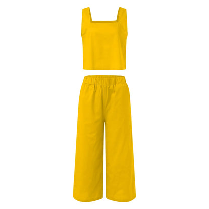Business Suit Women'S 2 Piece Outfits Square Neck Linen Tank Crop Top Wide Leg Pants Matching Set Work Formal Simple Clothes