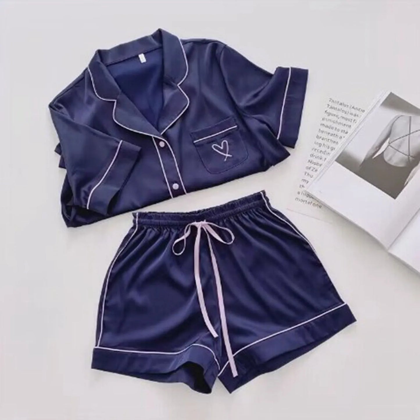 Ice Silk Pajama Sets for Women Heart Comfy Short Sleeve Shirts with Shorts Set 2Pcs Pyjamas Loungewear Spring Summer Homewear