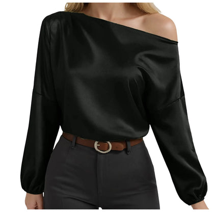 Ladies Raglan Tees Women'S Asymmetric off Shoulder Long Sleeve Balloon Pleated Shirt Work Top Thermal Shirt Women V Neck Camisas