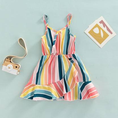 1-6Y Toddler Little Girls Summer Dress Clothing Colorful Striped Printed Ruffles A-Line Sundress
