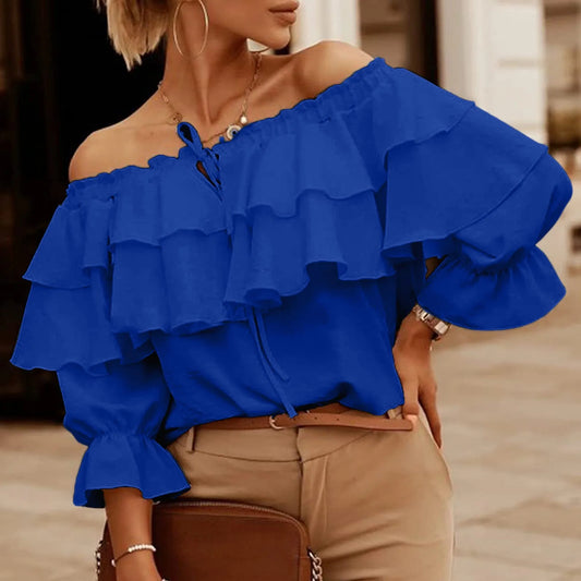 Womens off Shoulder Ruffle Long Sleeve Blouses Casual Layered Tops Womens Solid Color Blouses Tops Office Lady Commuter Outfits