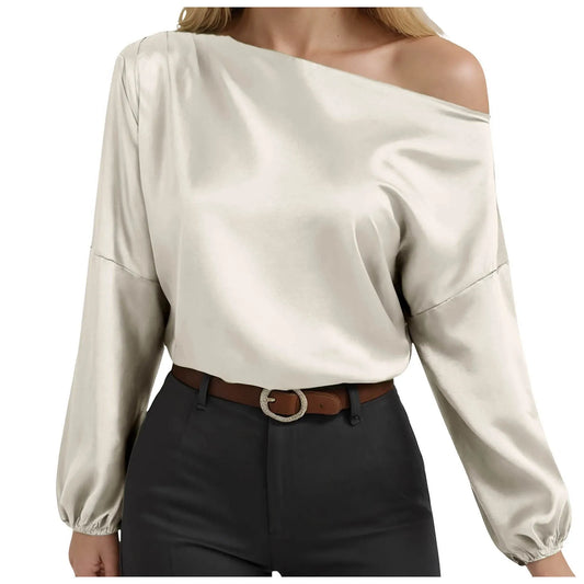 Ladies Raglan Tees Women'S Asymmetric off Shoulder Long Sleeve Balloon Pleated Shirt Work Top Thermal Shirt Women V Neck Camisas