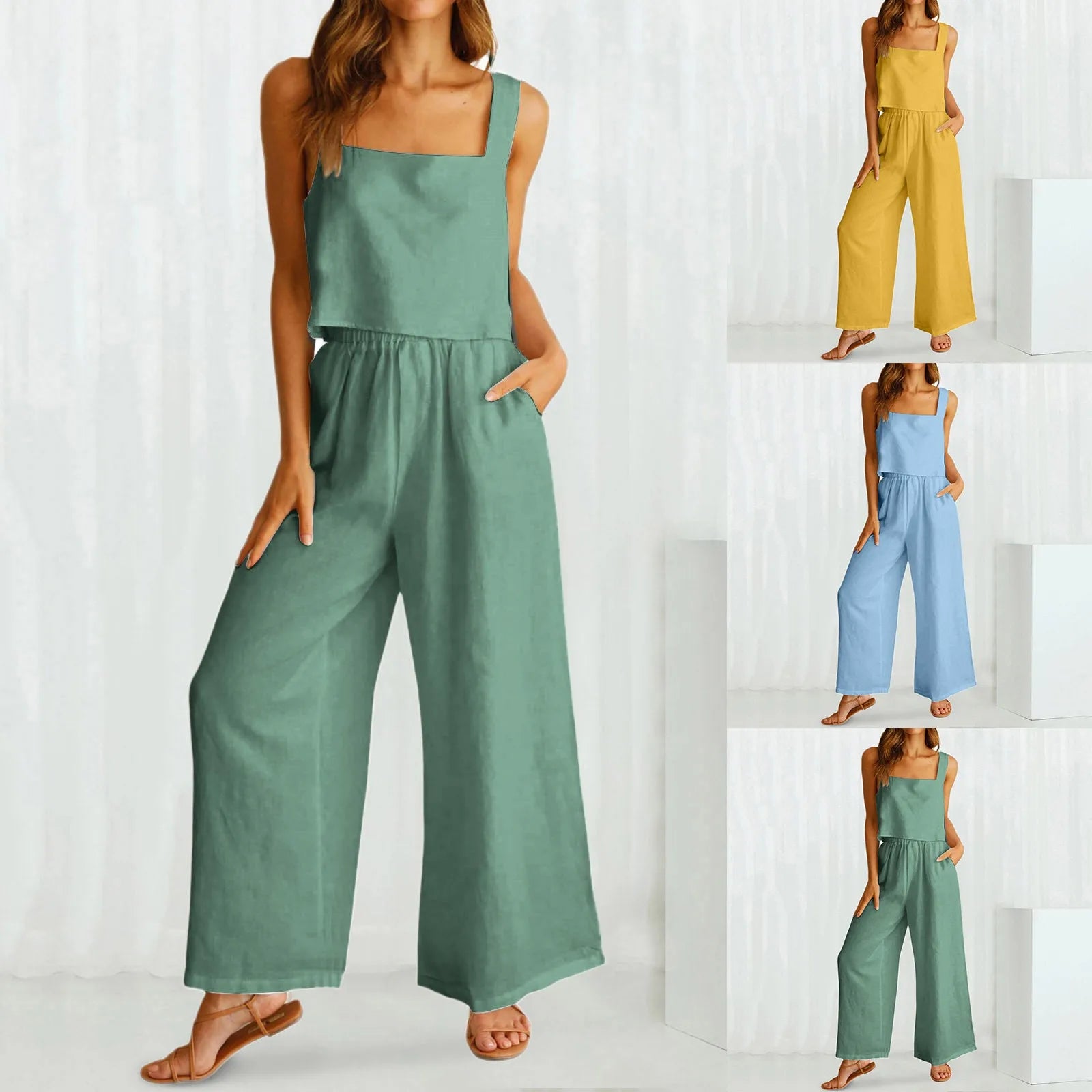 Business Suit Women'S 2 Piece Outfits Square Neck Linen Tank Crop Top Wide Leg Pants Matching Set Work Formal Simple Clothes