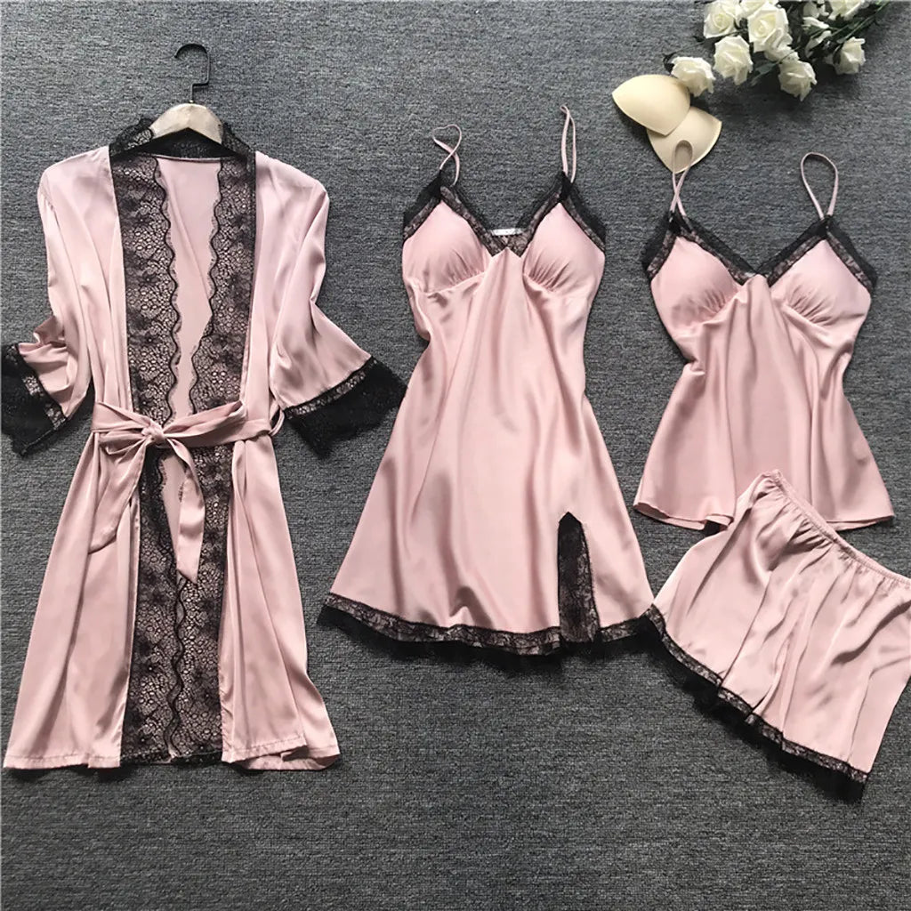 Lace Silk Pajamas Set Nightdress Sexy Lingerie Robe Women Sleepwear 4 Pieces Suits Sleeping Top and Shorts Femme Pijama Mujer Pj