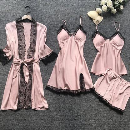 Lace Silk Pajamas Set Nightdress Sexy Lingerie Robe Women Sleepwear 4 Pieces Suits Sleeping Top and Shorts Femme Pijama Mujer Pj