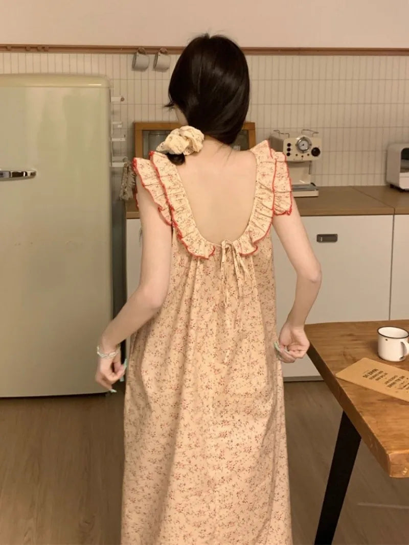 Women Nightgown Sleeveless Sleepwear Floral Nightwear Korean Fashion Home Wears Summer One Piece Pajamas Casual Night Dress New