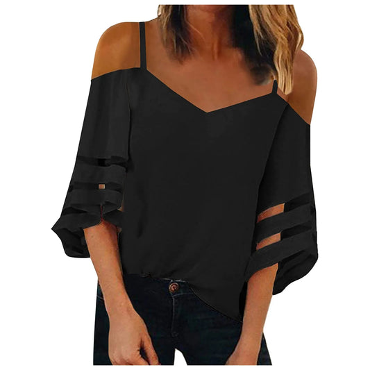 Women'S Mesh Hollow Out Blouses Sexy off the Shoulder Flare Sleeve White Shirts Fashoin Casual V-Neck Tunic Elegant Lady Tops